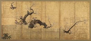 Blühender Pflaumenbaum und Kamelie in einer Gartenlandschaft, Edo-Periode, spätes 16. bis frühes 17. Jahrhundert von Kano Koi