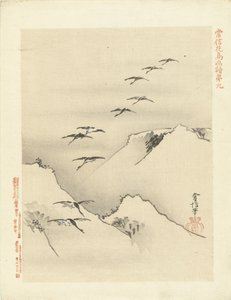 Gänse fliegen über Berge. Blumen- und Vogelskizzen von Kano Tsunenobu
