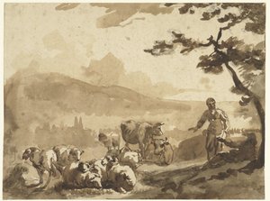 Berglandschaft mit Hirten bei ihrer Schaf- und Kuhherde von Karel Du Jardin