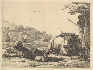 Kuh, erwachsenes Schaf und junges Schaf im Gras liegend, dahinter steht ein Hirte teilweise sichtbar, 1656 von Karel Du Jardin