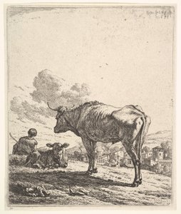 Kuhhirte mit Kuh und Kalb auf einem Hügel, der Kuhhirte von hinten gesehen und sitzend, 1658