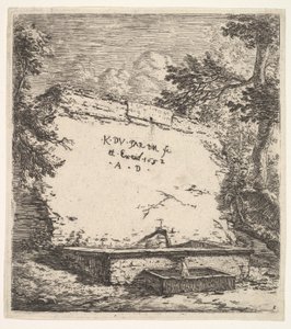 Frontispiz mit gestufter Fontäne, eine Steinmauer mit Wasserspeier, der Wasser in ein Rec..., 1652
