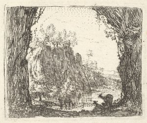 Landschaft flankiert von Bäumen im linken und rechten Vordergrund, Silhouetten von zwei Ziegen..., ca. 1641-78 von Karel Du Jardin