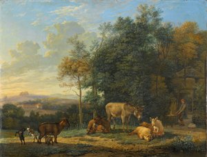 Landschaft mit zwei Eseln, Ziegen und Schweinen