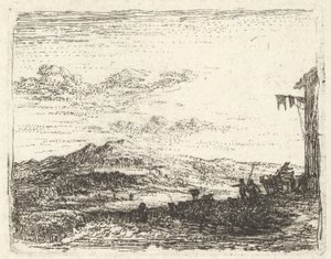 Landschaft mit Gebäudeecke und Markise ganz rechts, zwei Figuren und ein Pferd, ca. 1641-78