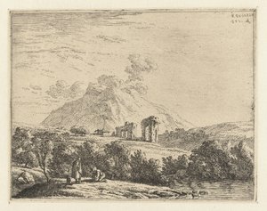 Landschaft mit Ruine und zwei Männern mit einem Hund von Karel Du Jardin