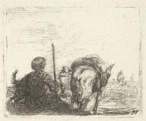 Packpferd, sitzender Mann mit Stab in der rechten Hand und Hund, alle von hinten gesehen, ca. 1641-78