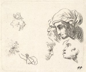 Studie von Köpfen im Profil, eine Frau mit Kopftuch und ein bärtiger Mann, deren Köpfe ..., ca. 1641-78 von Karel Du Jardin