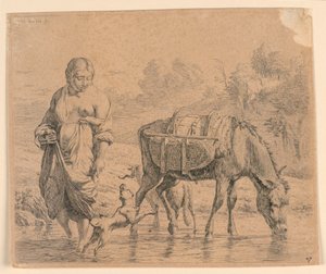 Die Landfrau und der Saumpferd beim Überqueren eines Baches von Karel Du Jardin