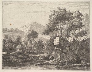 Zwei Männer stehen knöcheltief im Wasser mit einem felsigen Vorsprung dahinter, links, 1658 von Karel Du Jardin