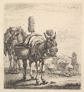Zwei Maultiere mit Körben und ausgestattet mit Scheuklappen, Federn und Quasten, ein Maultier..., ca. 1641-78