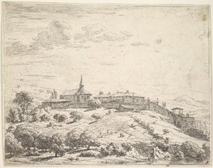 Umfriedetes Dorf auf einem Hügel, mit Kirche links und Gebäuden am Abhang gebaut, 1658 von Karel Du Jardin