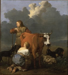 Bauernmädchen beim Melken einer Kuh von Karel Dujardin