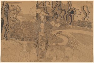 Allegorische Darstellung mit Figuren und einem Pfau in einem Garten