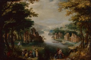 Die Auffindung des Moses mit einem eleganten Paar, Diener und Jäger von Karel van (circle of) Mander