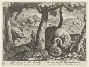 Elefant im Kampf mit Schlange, Jagdszenen (Serientitel) von Karel van Mallery (attributed to)