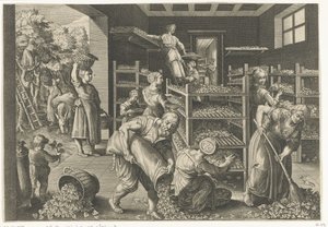Sammeln von Maulbeerblättern und Füttern der Seidenraupen von Karel van Mallery