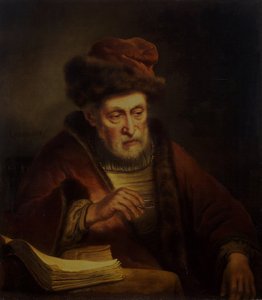 Alter Mann, der eine Brille hält von Karel van der Pluym