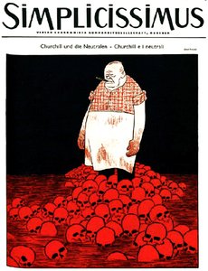 Titelblatt der deutschen Zeitschrift Simplicissimus (ca. 1940) zeigt Churchill und einen Fluss aus Blut und Schädeln von Karl Arnold