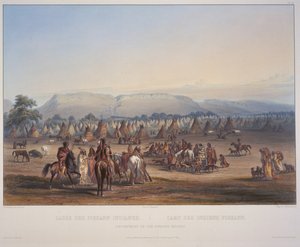 Lager der Piekann-Indianer, graviert von Beyer und Hurliman, veröffentlicht 1839 (Aquatinta) von Karl Bodmer