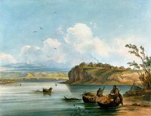 Mandan-Indianerinnen überqueren den Missouri River auf Booten aus Büffelhaut, Indianische Zivilisation, Vereinigte Staaten von Karl Bodmer