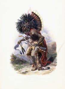 Pehriska-Ruhpa, Moennitarri-Krieger im Kostüm des Hundetanzes, 1840 von Karl Bodmer