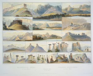 Bemerkenswerte Hügel am oberen Missouri, graviert von F. Salathe, veröffentlicht 1839 von Karl Bodmer