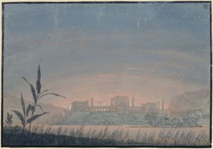 Die Zauberflöte. Oper von Wolfgang Amadeus Mozart. Entwurf zur 10. Dekoration. Landschaft mit Sarastros Burg von Karl Friedrich Schinkel