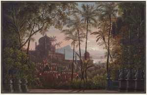 Nurmahal oder das Rosenfest von Kaschmir. Oper von Gaspare Spontini. Entwurf zur 1. Dekoration. Palastgarten mit Blick auf Kaschmir