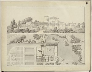 Potsdam-Sanssouci. Römische Bäder bei Schloss Charlottenhof. Ansicht von Westen und Grundriss des Gärtnerhauses