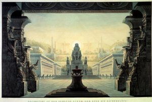 Theaterdekor: Dekor für die Oper „Die Zauberflöte“ von Wolfgang Amadeus Mozart, nach einem Libretto von Emanuel Schikaneder. Zeichnung von Karl Schinkel (1781-1841)