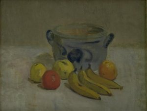 Stillleben mit grauem Krug, Äpfeln und Bananen