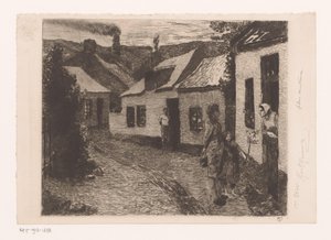 Mutter und Tochter gehen in einem Arbeiterviertel von Tür zu Tür von Karl Meunier