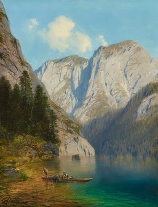 Fischer im Nachen am Ufer eines Gebirgssees von Karl Millner