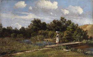 Sommerliche Landschaft mit einer Wäscherin auf einer Brücke von Karl Millner