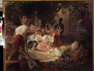 Der Brunnen von Bahçesaray. Frauen eines Harems spielen mit dem Wasser eines Brunnens in einem Goldfischbecken