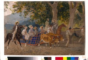 Spazierfahrt in einem von Ochsen gezogenen Wagen, zu Pferd oder in einer Sänfte von Karl Pavlovich Bryullov
