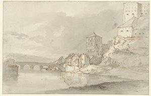 Flussansicht mit Bogenbrücke und Befestigungen am rechten Ufer von Kasparus Karsen (possibly)