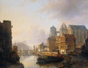 Imaginäre Ansicht einer Stadt am Flussufer mit dem Aachener Dom