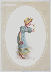 Mädchen im blauen Kleid, mit Strohhut, hält eine Rose (Farblithographie)