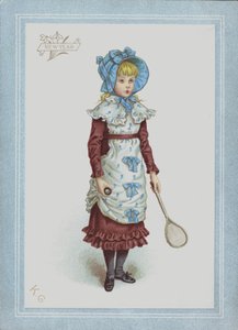 Mädchen im Kleid und mit Haube, hält Federball und Schläger von Kate (after) Greenaway