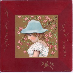 Viktorianische Weihnachtskarte eines Mädchens in Regency-Kleidung mit einem Korb voller Blumen, ca. 1880 von Kate Greenaway