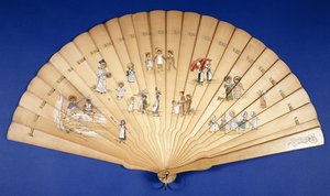 Ein großer hölzerner Brisé-Fächer, bemalt mit Gruppen von Kindern bei verschiedenen Tätigkeiten von Kate Greenaway