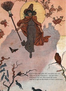 Eine Hexe und ihr Besen, umgeben von schwarzen Katzen, Fledermaus und Eule. Illustration von Kate Greenaway (1846-1901) aus dem Kinderbuch „Under The Window“ von Kate Greenaway