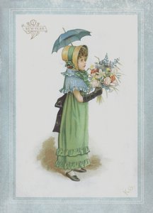 Mädchen im grünen Kleid, hält Sonnenschirm und Blumenstrauß von Kate Greenaway