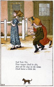 Tell tale tit/Deine Zunge soll gespalten werden: Illustration von Kate Greenaway (1846-1901) für ein Buch mit Kinderreimen. Chromolithographie von Kate Greenaway