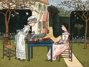 Tageszeit: Zwei junge Mädchen kosten im Garten. Illustration von Kate Greenaway (1846-1901) aus dem Kinderbuch „Under The Window“ (1879), herausgegeben von Edmund Evans. von Kate Greenaway