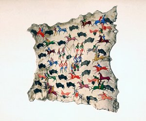 Elchhaut von nordamerikanischen Shoshone-Indianern, zeigt Büffeljagd, 20. Jahrhundert von Katsikodi