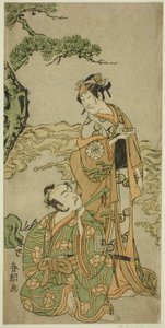 Die Schauspieler Nakamura Nakazo I als Matsukaze (rechts) und Ichikawa Komazo I als Yukihira (links), im Stück Kuni no Hana Ono no Itsumoji, aufgeführt im Nakamura-Theater im elften Monat, 1771 von Katsukawa Shuncho