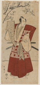 Ichikawa Monnosuke II als ein Lord, der ein Banner hält